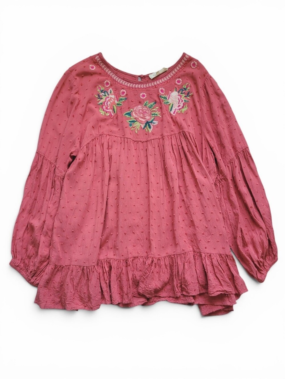 Anthropologie Solitaire Floral Embroidered Boho Peasant Tunic Coral Pink L